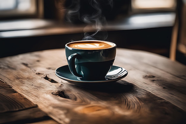 Una mesa de madera y una taza de café.