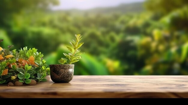 Una mesa de madera con una taza de té con un fondo verde y una planta verde en primer plano.