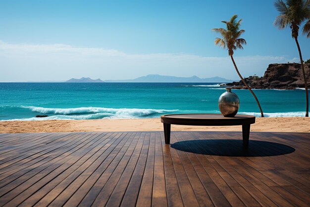 Foto mesa de madera con telón de fondo de escenario vibrante estilo playa