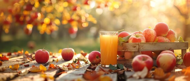 Una mesa de madera con un telón de fondo de huerto soleado y un concepto de otoño con una caja de manzanas y un vaso de jugo y espacio de copia IA generativa