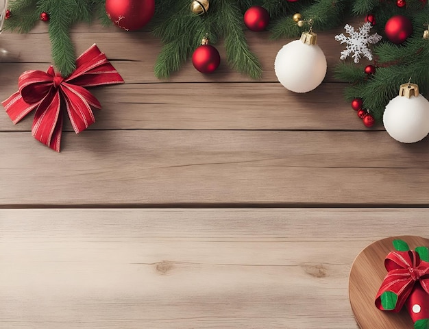 mesa de madera con tema navideño en el fondo IA generativa