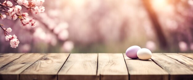 Mesa de madera con tema de Pascua o primavera huevos de fondo borrosos y flores coloridas con espacio de copia