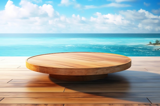 Una mesa de madera en una terraza con un mar azul de fondo