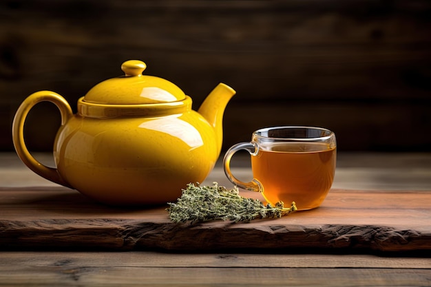 Foto mesa de madera con tetera amarilla y cuchara de té