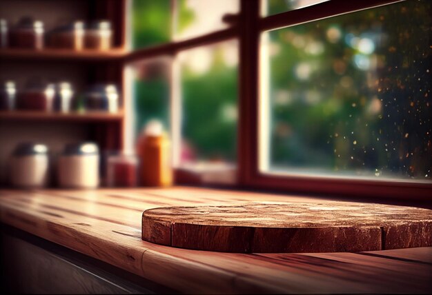 Mesa de madera con textura en el fondo borroso de la ventana de la cocina IA generativa