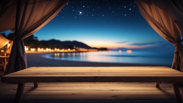 Foto mesa de madera en la tienda de campaña borrosa viaje de campamento en la playa por la noche