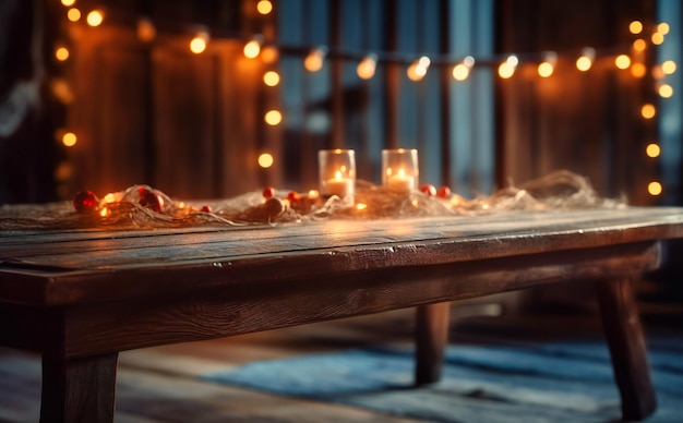 Una mesa de madera tiene luces navideñas detrás