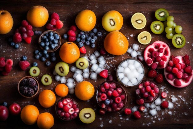 una mesa de madera tiene una variedad de frutas y bayas en ella