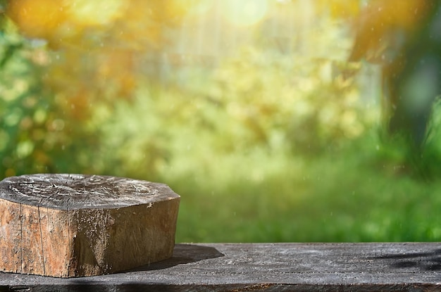 Mesa de madera y tocón quemado