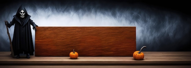 Una mesa de madera con tres pequeñas calabazas encima.