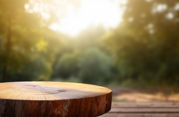 Una mesa de madera con un trozo de madera con un fondo borroso.