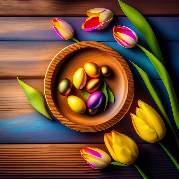 Una mesa de madera con tulipanes y un cuenco de coloridos tulipanes.
