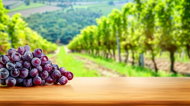 Foto mesa de madera con uvas rojas frescas y espacio libre en la naturaleza fondo borroso generado por ia