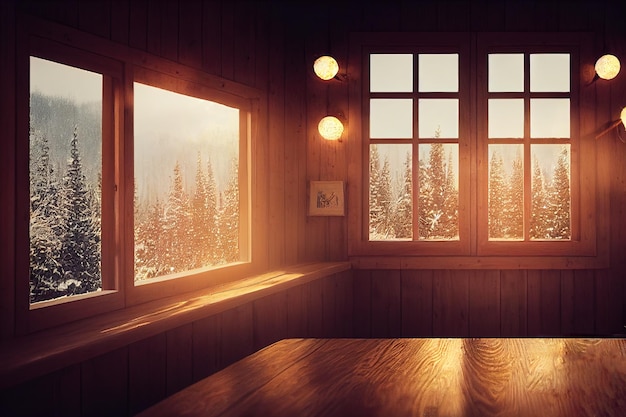 Mesa de madera vacía en una acogedora choza hygge Contra el fondo de una ventana congelada acogedora de Navidad borrosa con bombillas Ilustración digital