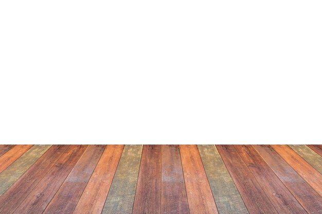 Foto mesa de madera vacía aislada sobre fondo blanco para exhibición de productos