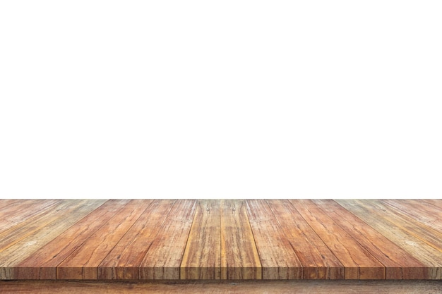 Mesa de madera vacía aislada sobre fondo blanco para exhibición de productos