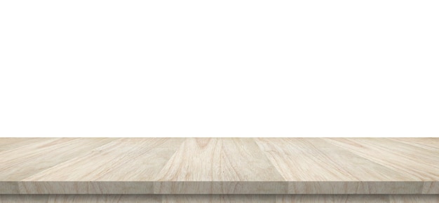 Mesa de madera vacía aislada sobre fondo blanco para montaje de exhibición de productos