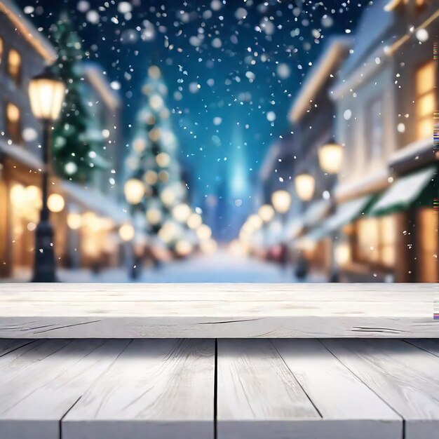 Mesa de madera vacía con árbol de Navidad borroso y nevada con luz bokeh generada por IA