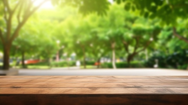 Mesa de madera vacía y árbol verde borroso