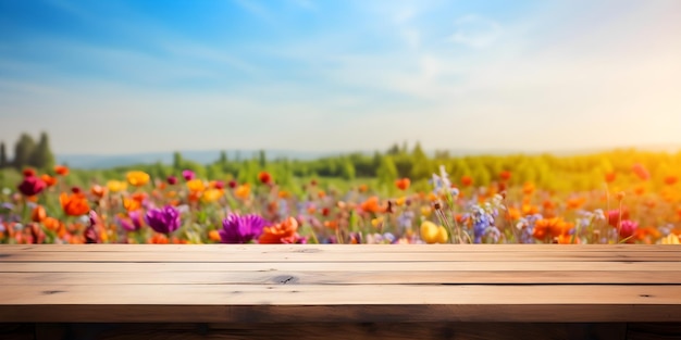 Mesa de madera vacía con un área de exhibición de productos vacía sobre un fondo de flores escénicas