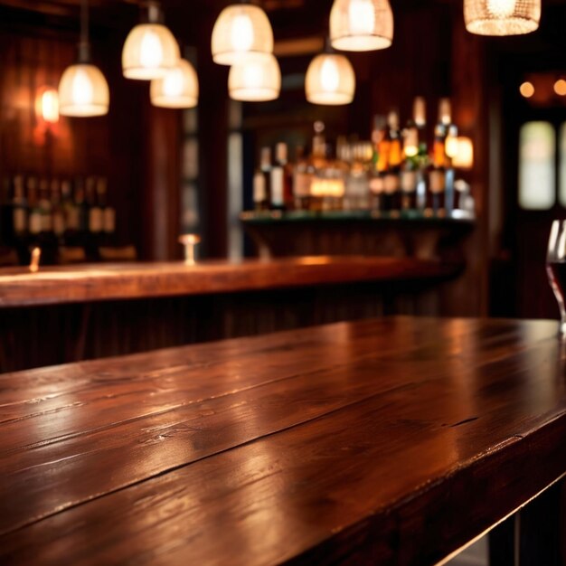 Mesa de madera vacía en el bar de un restaurante para la fotografía de maquetas de productos