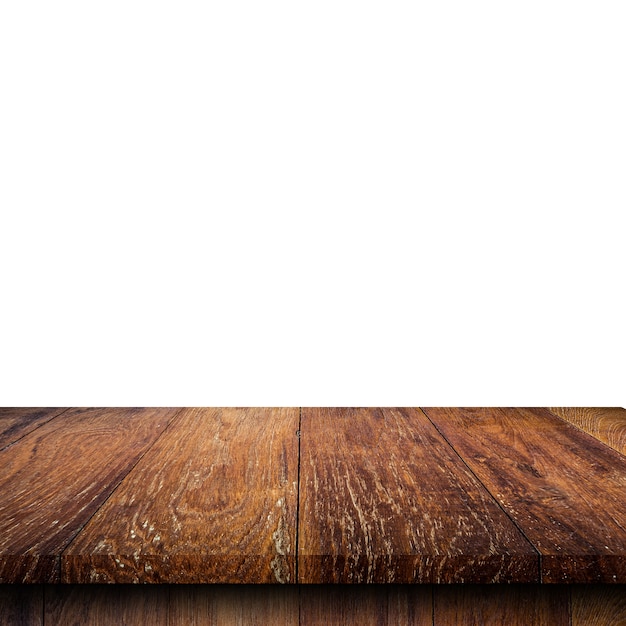 Mesa de madera vacía en blanco aislado, maqueta de plantilla para la exhibición de producto.