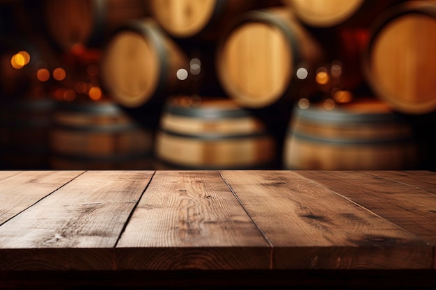 Mesa de madera vacía Bodega borrosa en el fondo Para la exhibición de su producto