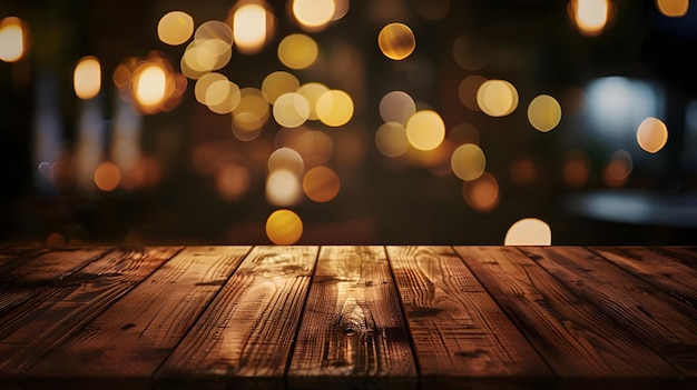 Mesa de madera vacía en borrón bokeh de oro claro de un restaurante de cafetería en fondo oscuro