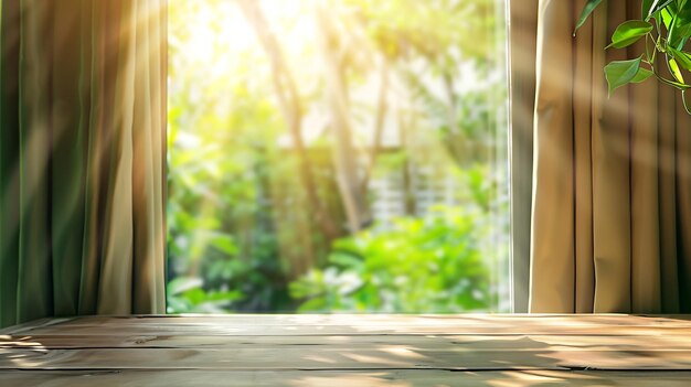 La mesa de madera vacía en el borrón de la ventana de la cortina y el verde abstracto del jardín generativo de inteligencia artificial