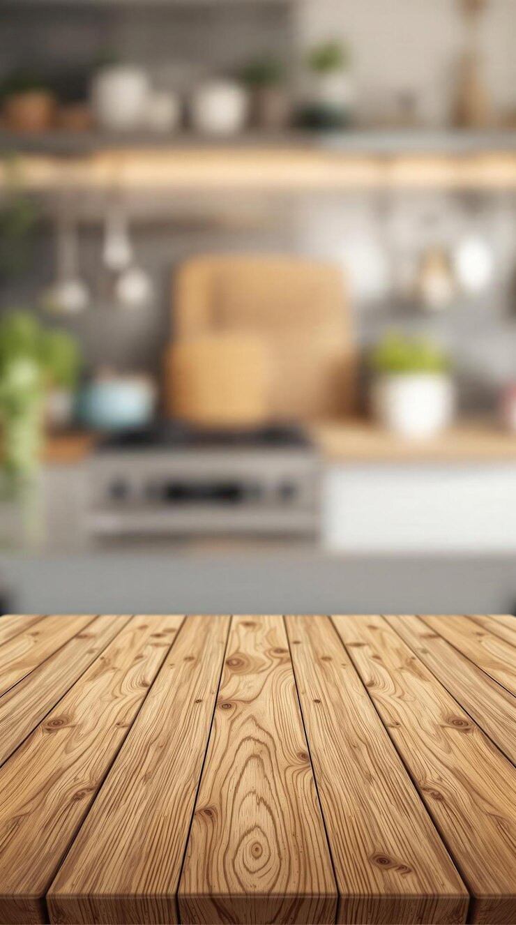 Mesa de madera vacía borrosa cocina moderna fondo colocación de productos fotografía de alimentos