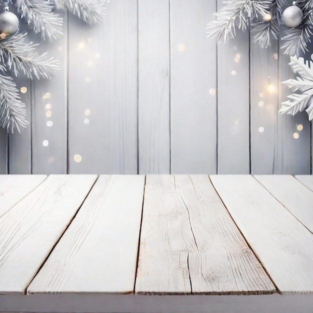 Mesa de madera vacía con borrosa Una festividad navideña brillante generada por IA
