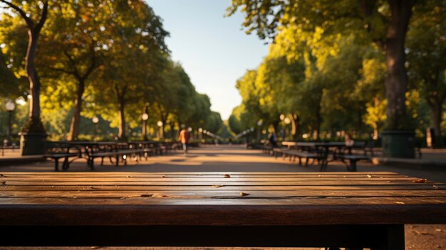 Foto mesa de madera vacía borrosa parque de la ciudad hd fondo de pantalla de escritorio de pantalla de fondo