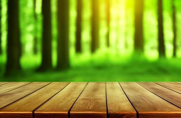 mesa de madera vacía con un bosque de naturaleza verde vibrante