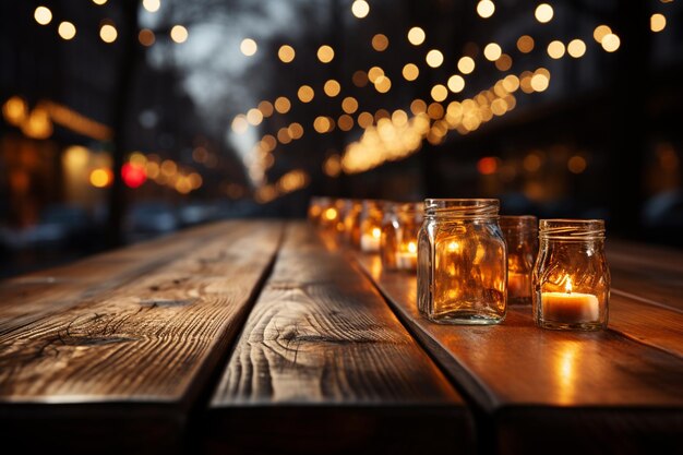 Mesa de madera vacía en un café Una noche en la ciudad