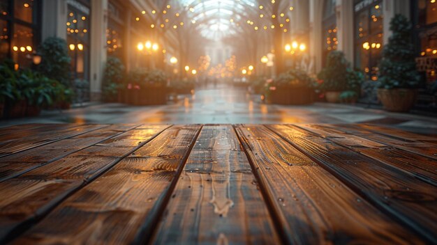 Mesa de madera vacía en un café o restaurante con luces en el fondo