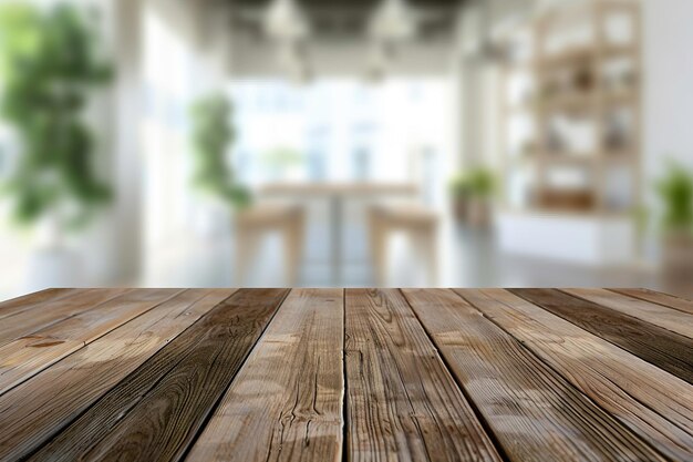 Foto mesa de madera vacía y cafetería desdibujar el fondo con imagen bokeh