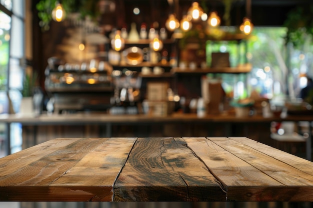 Mesa de madera vacía en una cafetería para la exhibición de productos