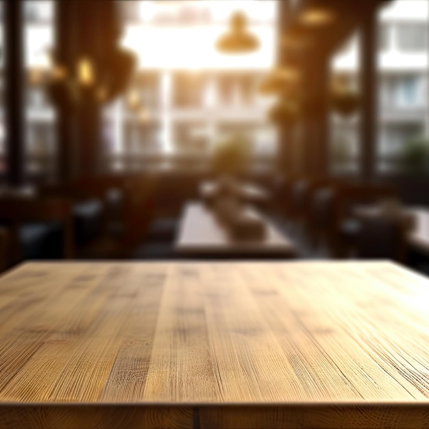 Mesa de madera vacía y Cafetería fondo borroso con imagen bokeh Foto de alta calidad