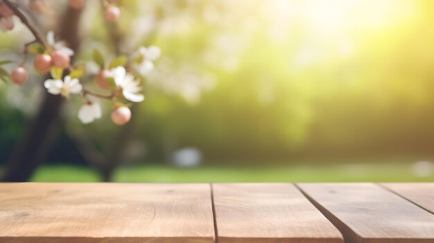 Mesa de madera vacía con un cerezo en el fondo