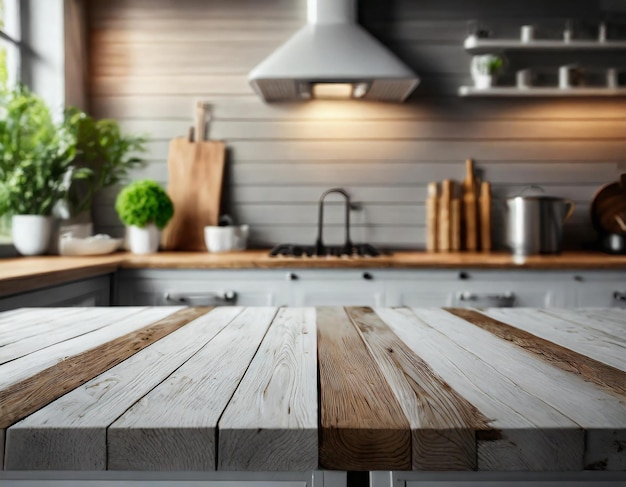 Foto mesa de madera vacía en la cocina con el fondo de la ventana borrosa por la mañana