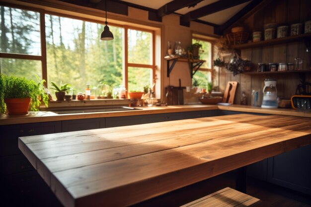 Mesa de madera vacía con cocina moderna en el fondo