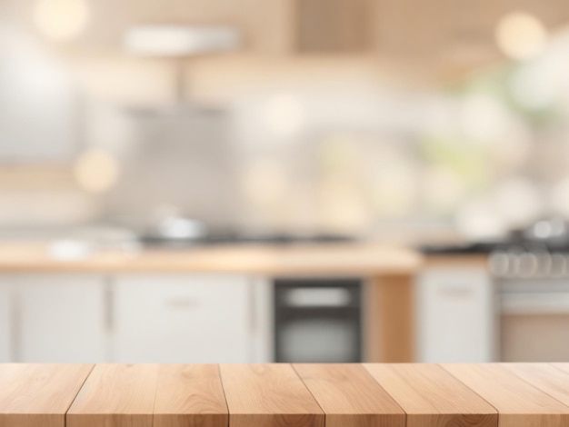 Mesa de madera vacía en la cocina moderna Paneles de madera para la publicidad de productos alimenticios