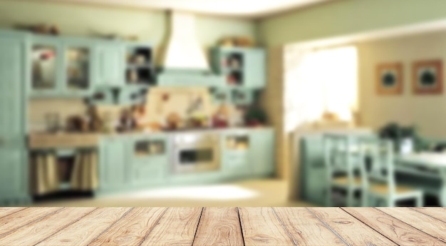 Mesa de madera vacía con cocina vintage borrosa en el fondo