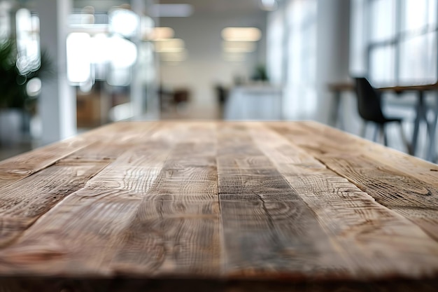 Mesa de madera vacía para colocación o montaje de productos con fondo borroso