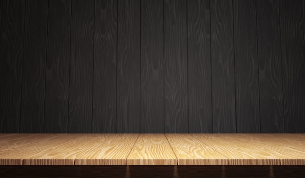 Mesa de madera vacía para la colocación de productos o montaje con enfoque en la parte superior de la mesa en primer plano con fondo de madera negra. Representación de ilustración 3D.