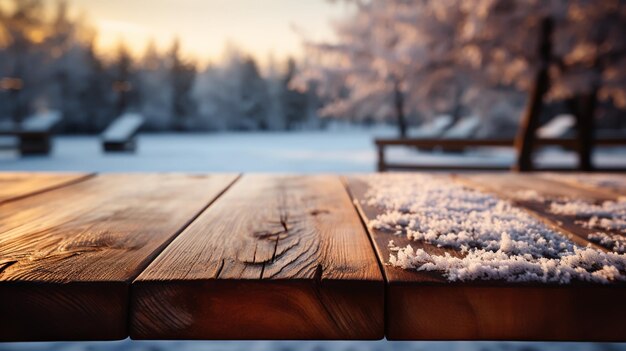La mesa de madera vacía de color marrón oscuro rústico con el fondo borroso del bosque de invierno