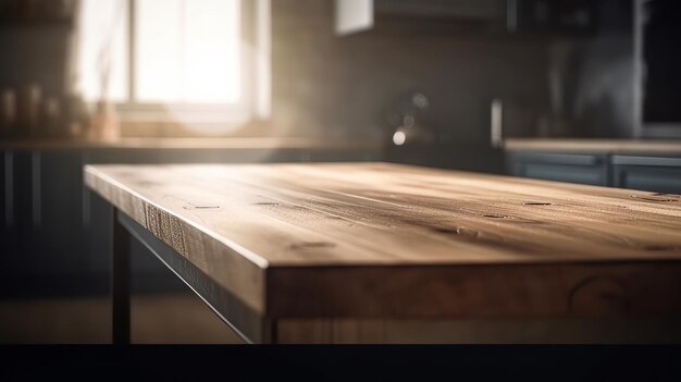 Una mesa de madera vacía en un comedor cerca de un fondo de ventana borroso IA generativa