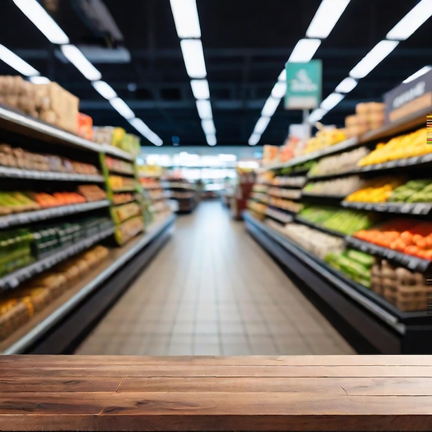 Una mesa de madera vacía con compras borrosas en un fondo de supermercado generado por la IA