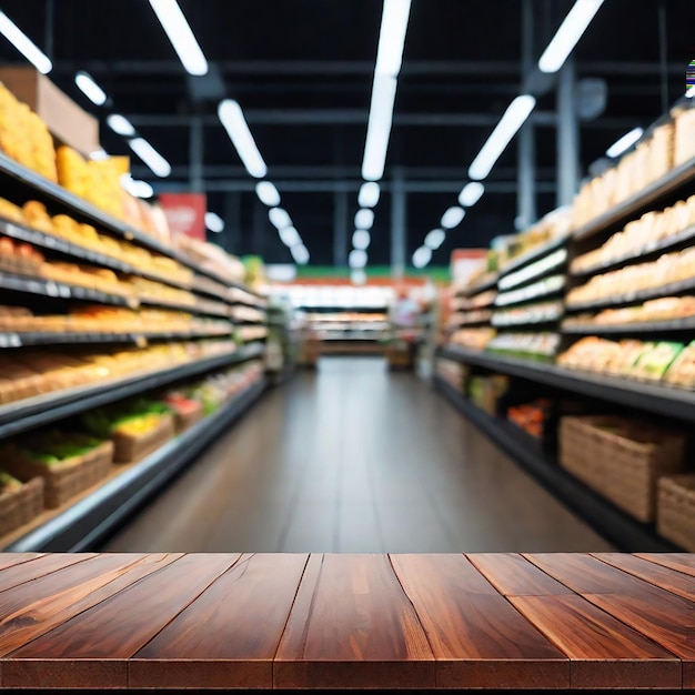 Una mesa de madera vacía con compras borrosas en un fondo de supermercado generado por la IA