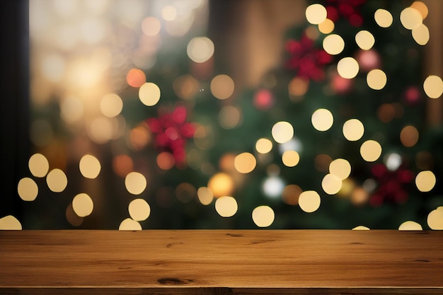 Mesa de madera vacía Contra el fondo de la acogedora ventana navideña borrosa Bokeh Fondo borroso